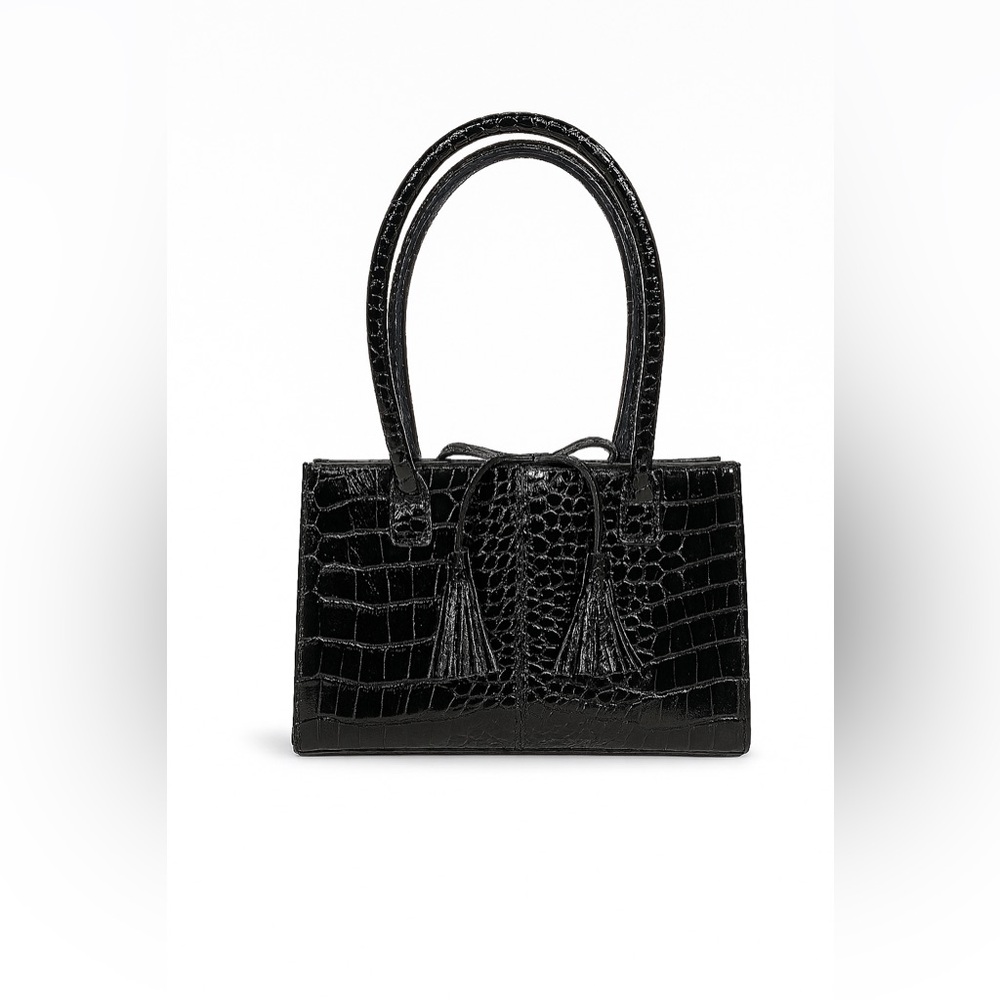 Liz Claiborne Black Croc-Embossed Structured Tote Bag with Tassels